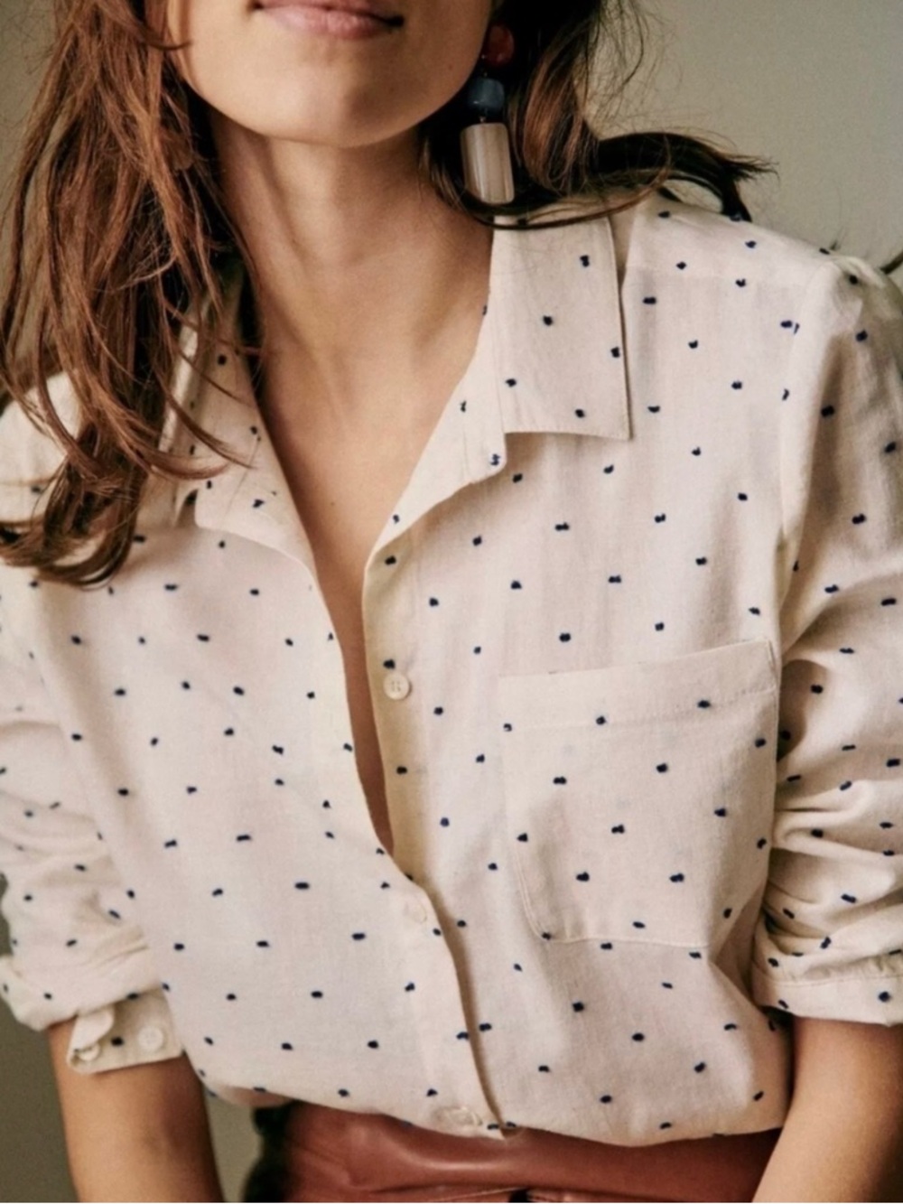 Sezane Cream Button-Down Shirt with Navy Dot Print